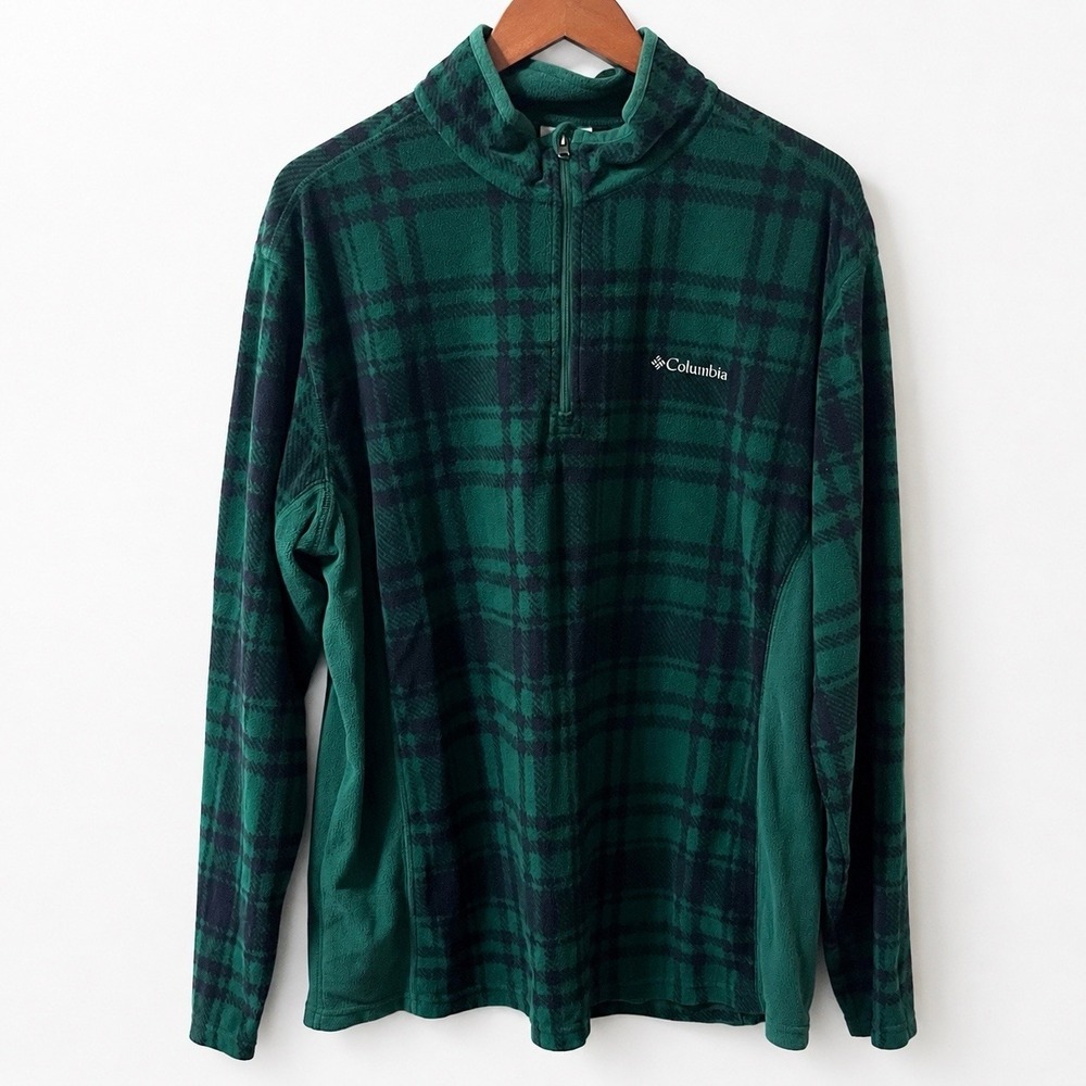 Columbia Women's XL Green Plaid 1/4 Zip Fleece Pullover Jacket Outdoor Cozy
